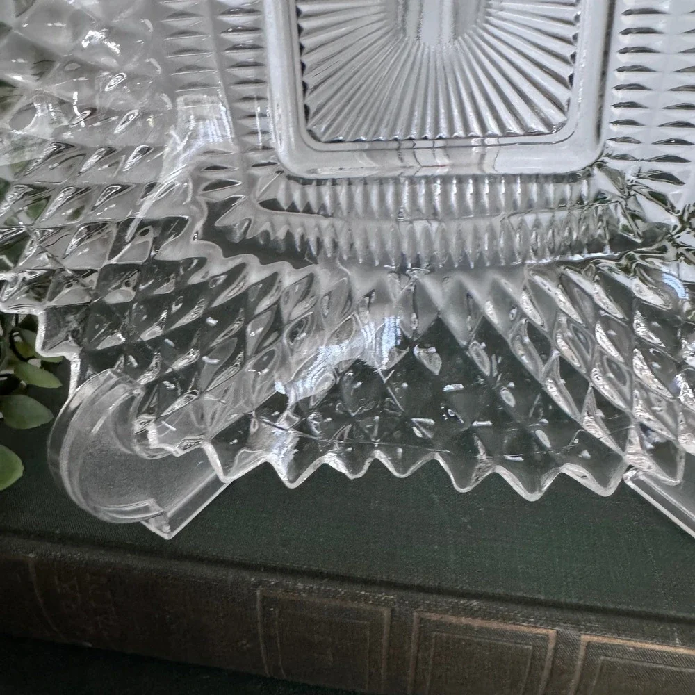 Vintage Clear Pressed Glass Ash Tray Diamond Point Sunburst Sawtooth Rim 7in